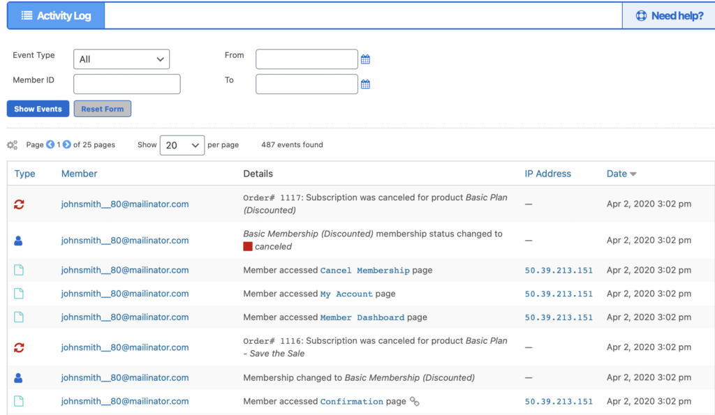 activity logs section